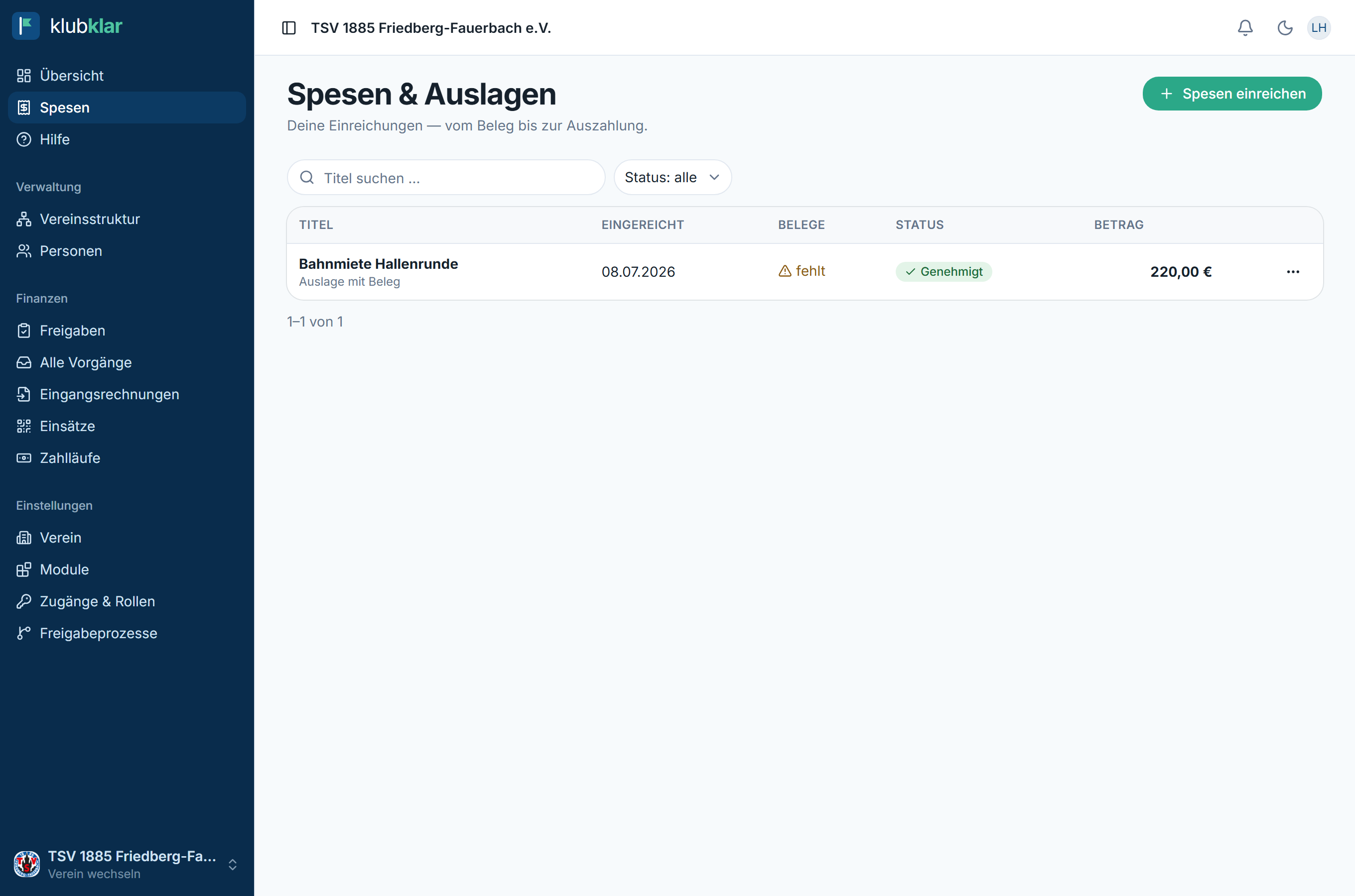 Spesenliste mit Status, Betrag und Belegen
